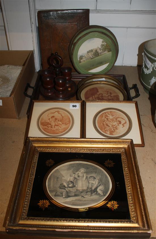 Five mezzotints, a treen egg stand etc.